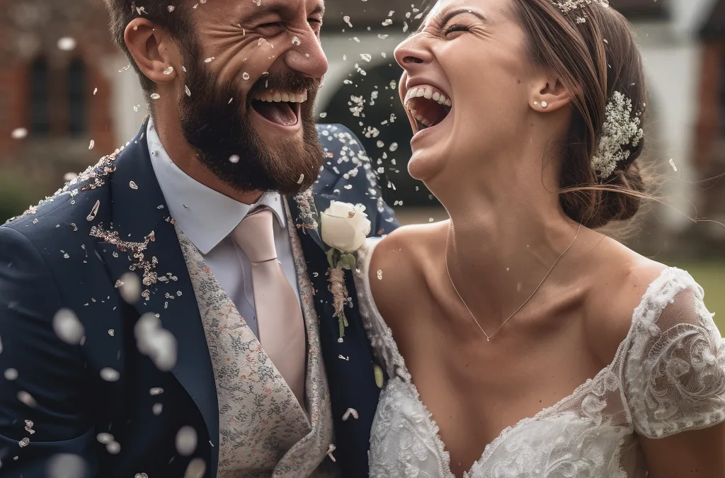 Wick Farm Weddings:a bride and groom are laughing and throwing confetti on them.
