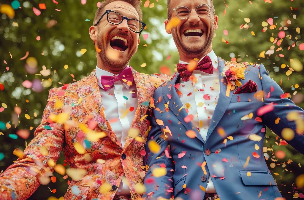 Bath Spa: Choose your wedding Photographer: LGBGT+ Weddings: a couple of men standing next to each other under confetti. Wedding Photography at the Bath Spa Hotel
