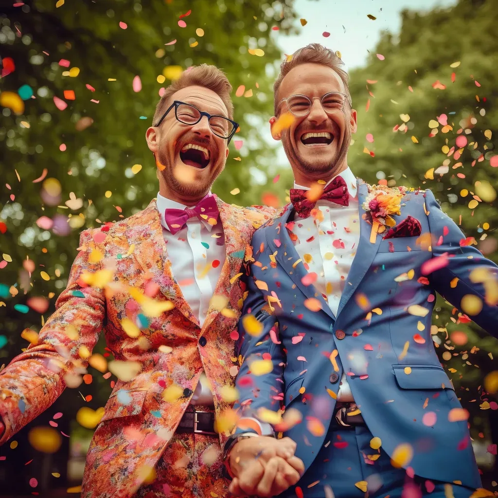 Bath Spa: Choose your wedding Photographer: LGBGT+ Weddings: a couple of men standing next to each other under confetti. Wedding Photography at the Bath Spa Hotel