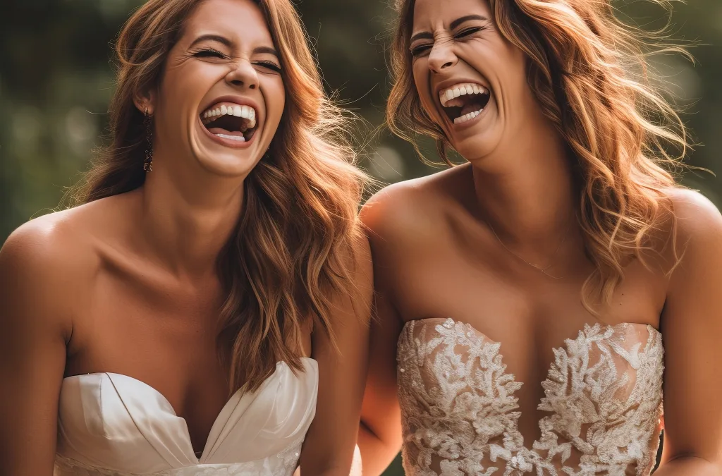 Selecting your Photographer: Gay Weddings: two brides laugh as they laugh together.