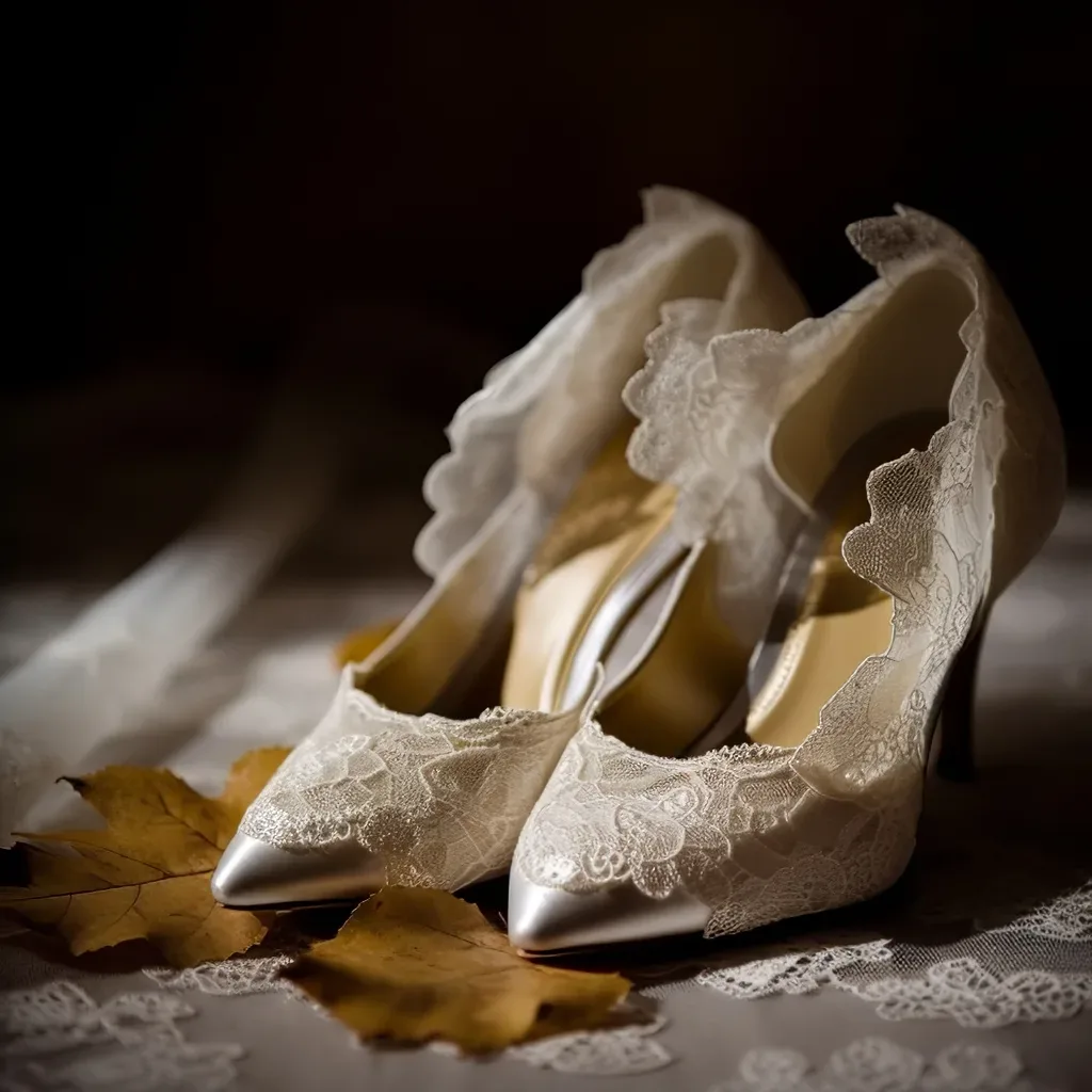 Church or Civil: a pair of wedding shoes on a lace tablecloth at Court Farm Wedding Photography