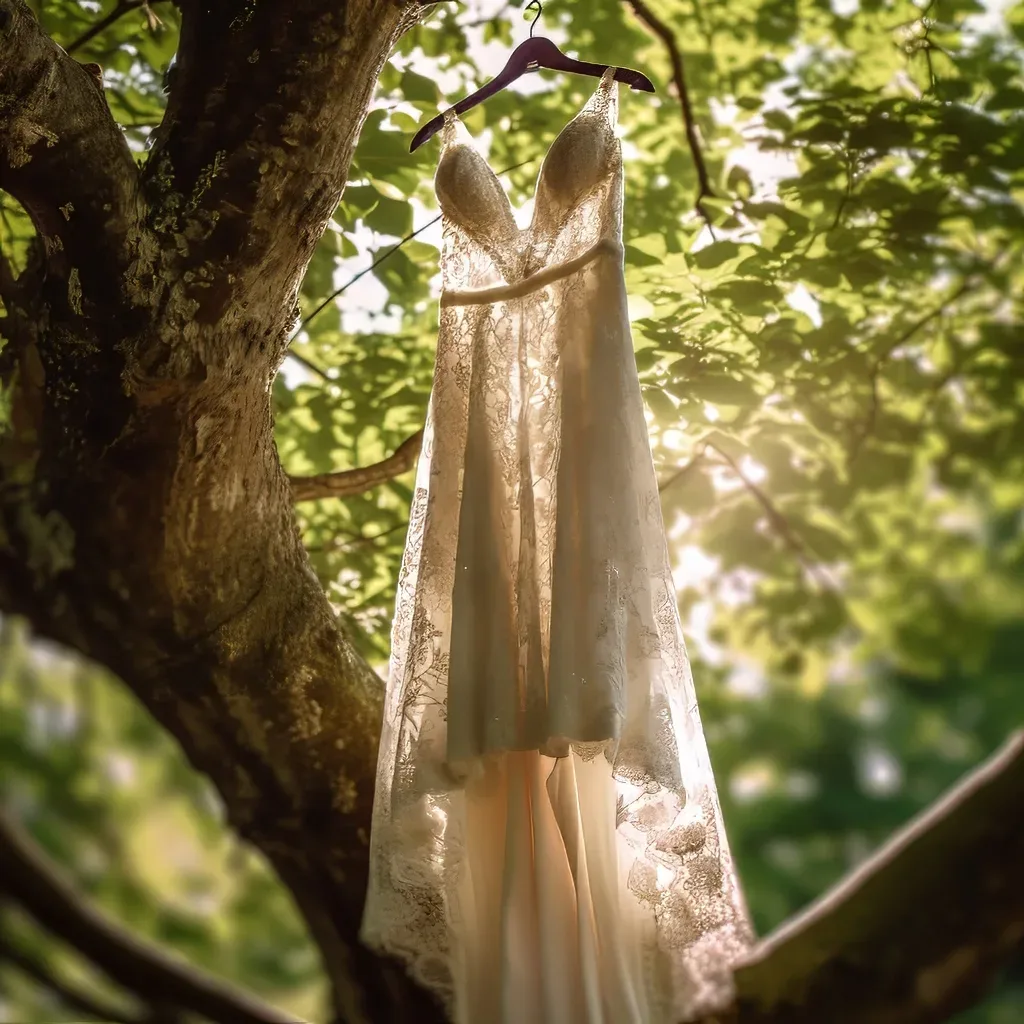 Wick Farm Photographer: a wedding dress hanging on a tree branch.