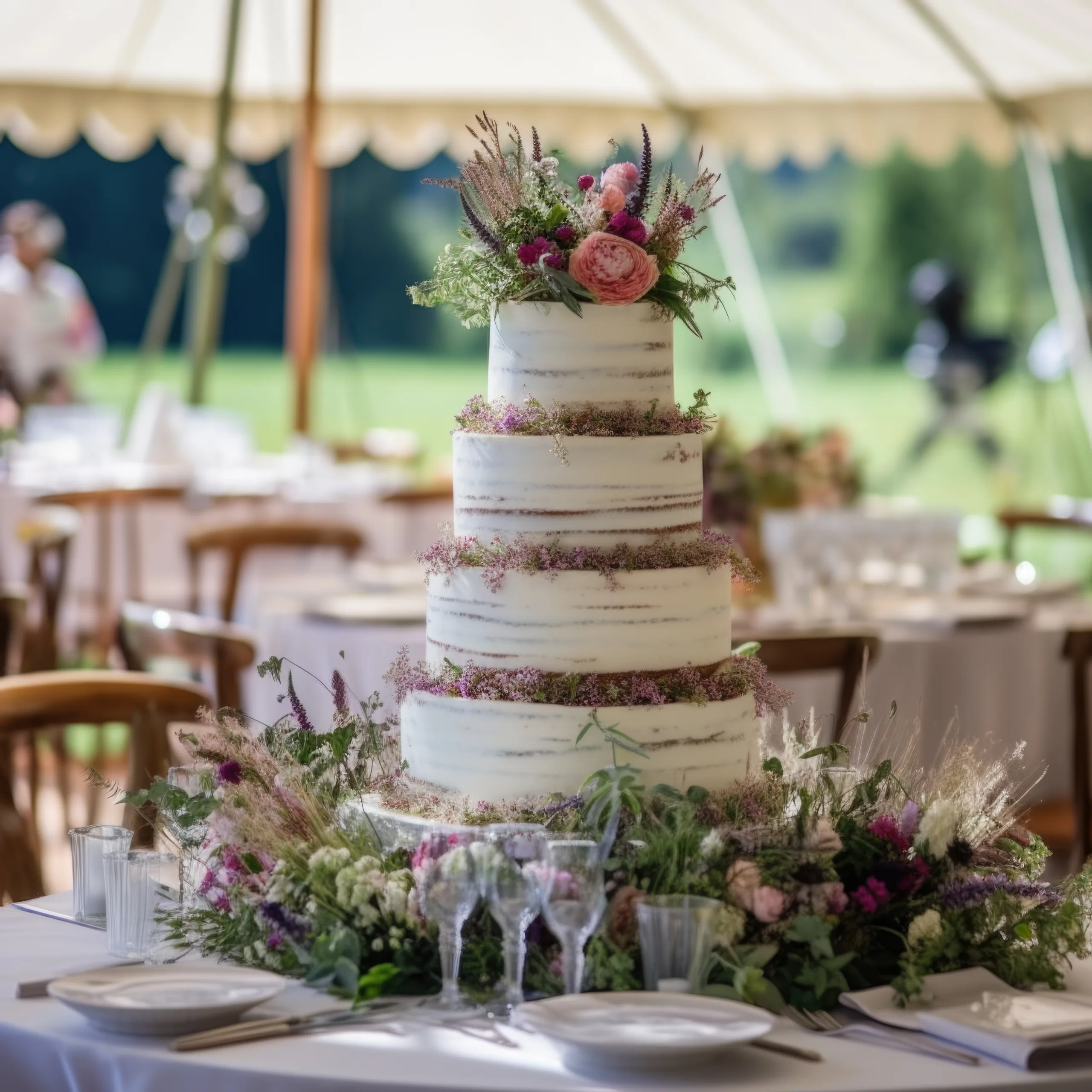 Organic farm: a wedding cake sitting on top of a table.