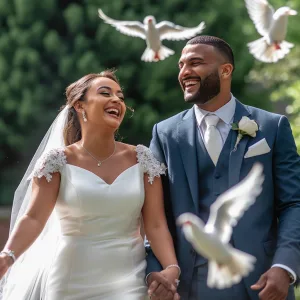 Wick farm: a bride and groom walking with pigeons in the background. Priston Mill