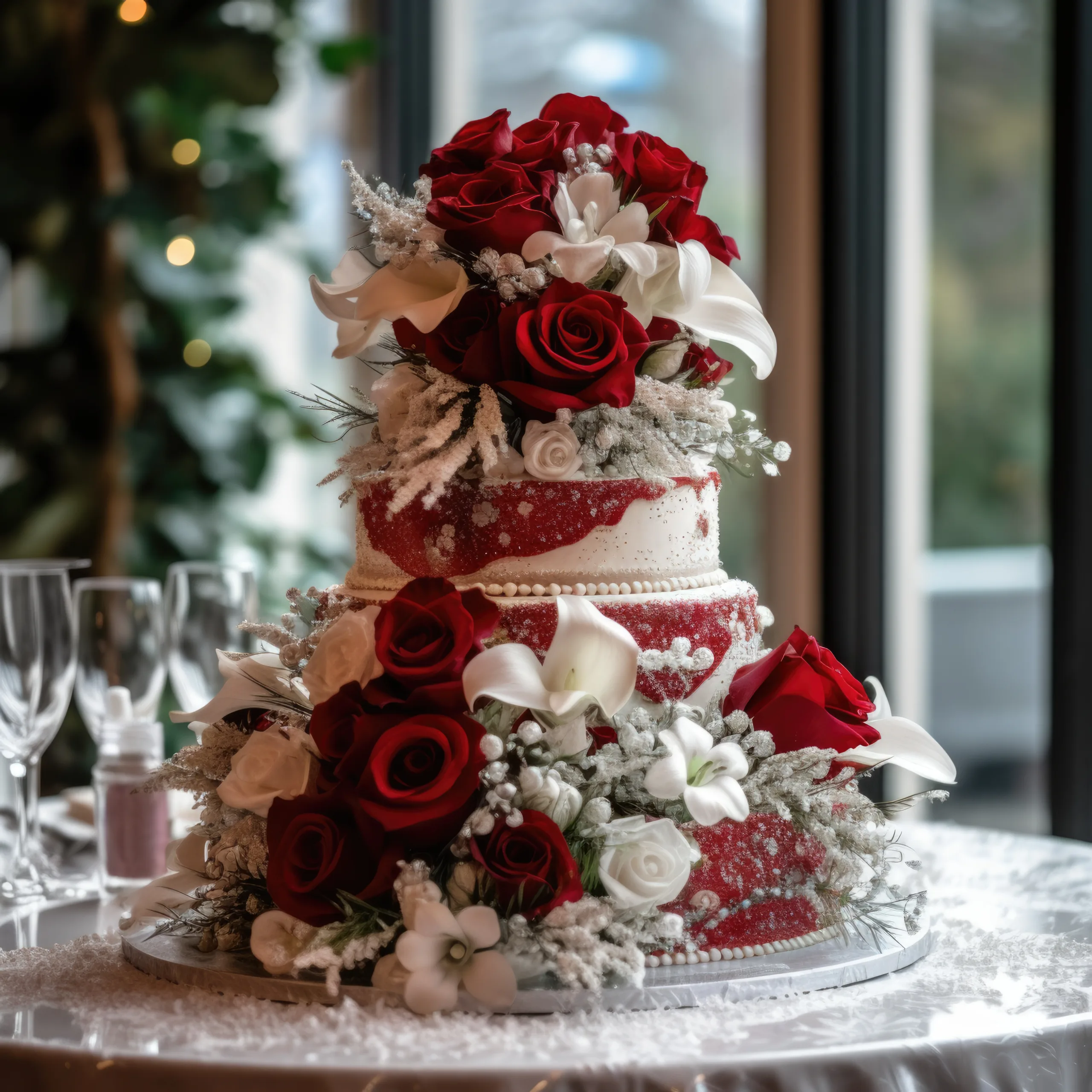 Farleigh House Photographer: A wedding cake with red roses and white lilies.