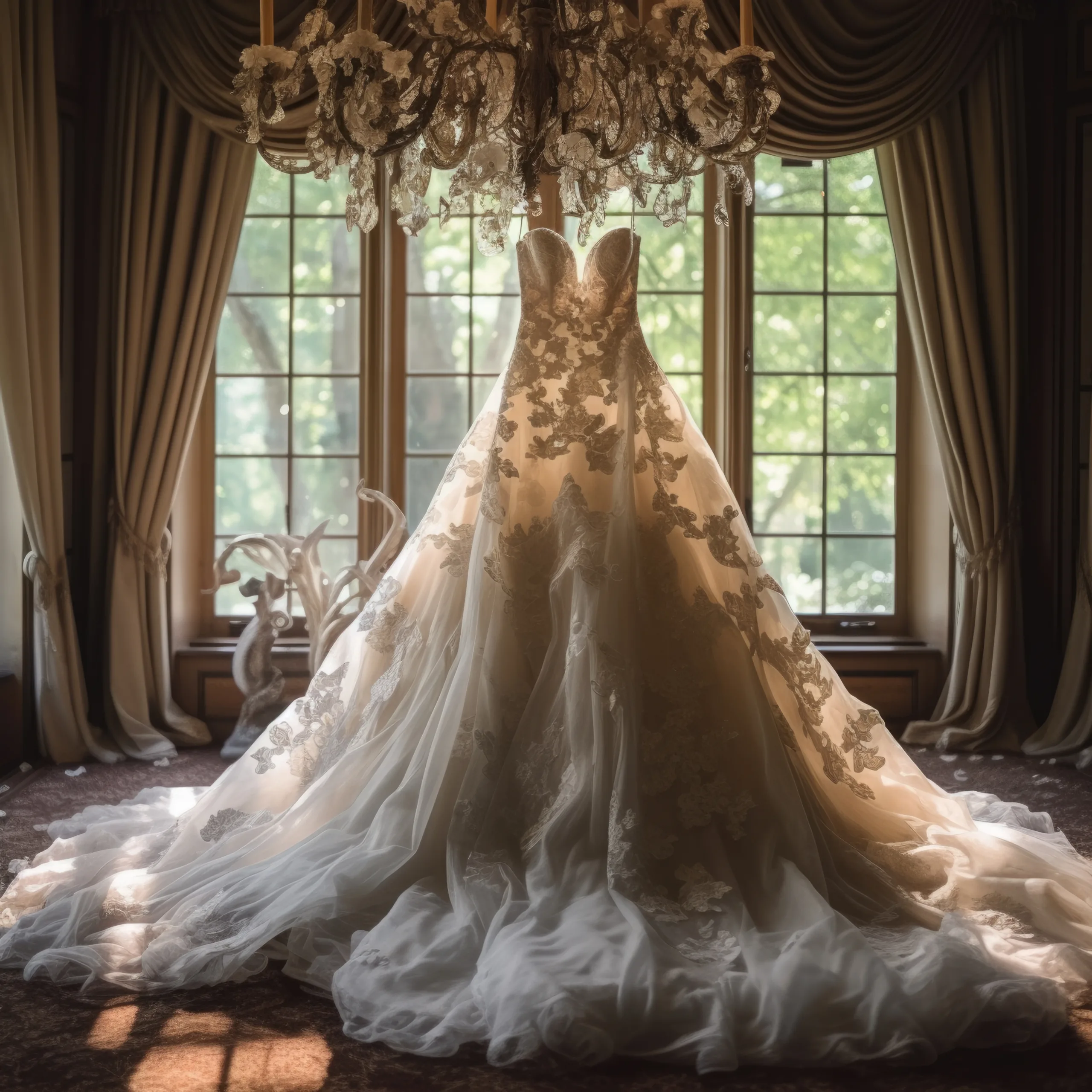 Farleigh House Bath:A wedding dress hangs in front of a chandelier in a room.
