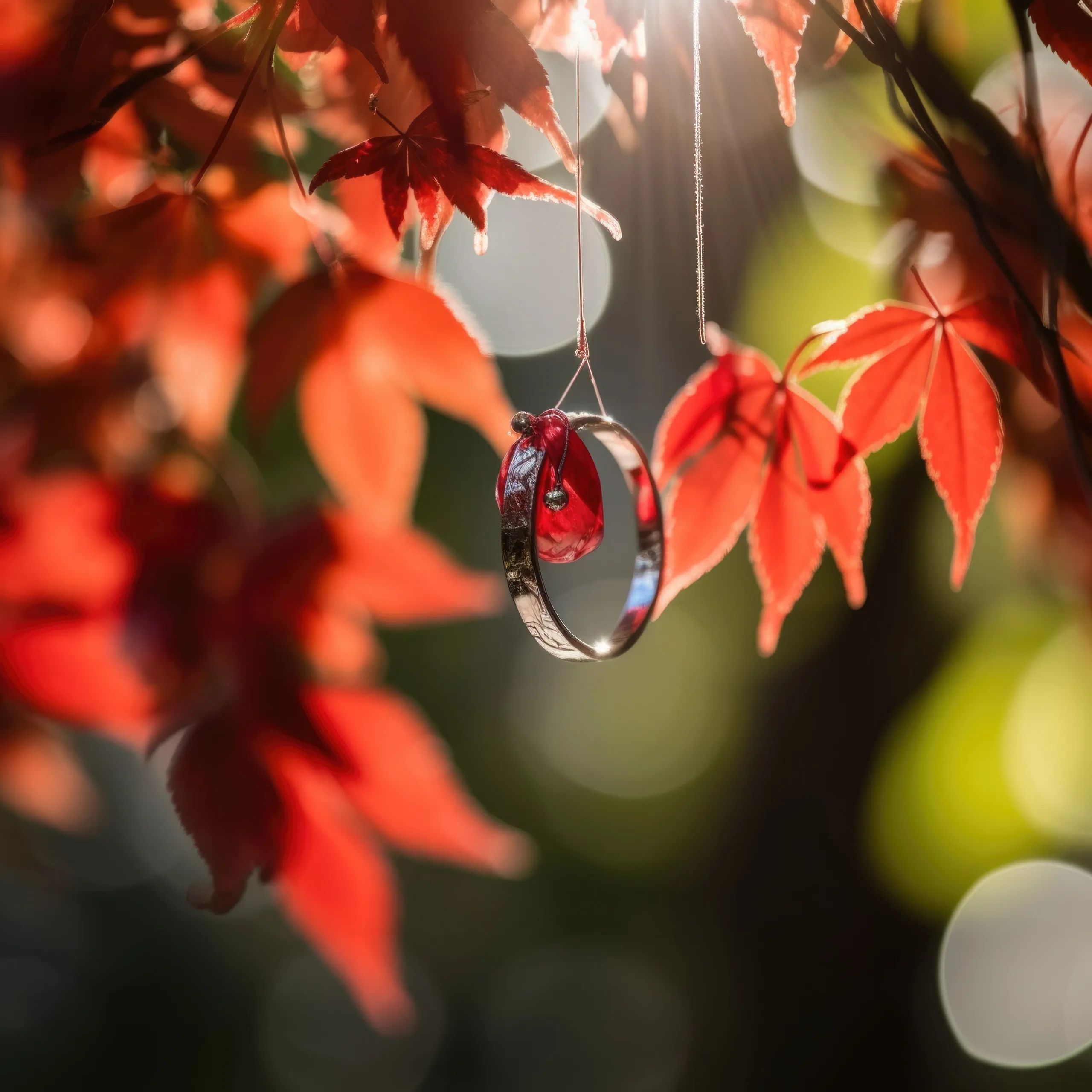 Farleigh House Weddings:A wedding ring hanging from a tree with red leaves.