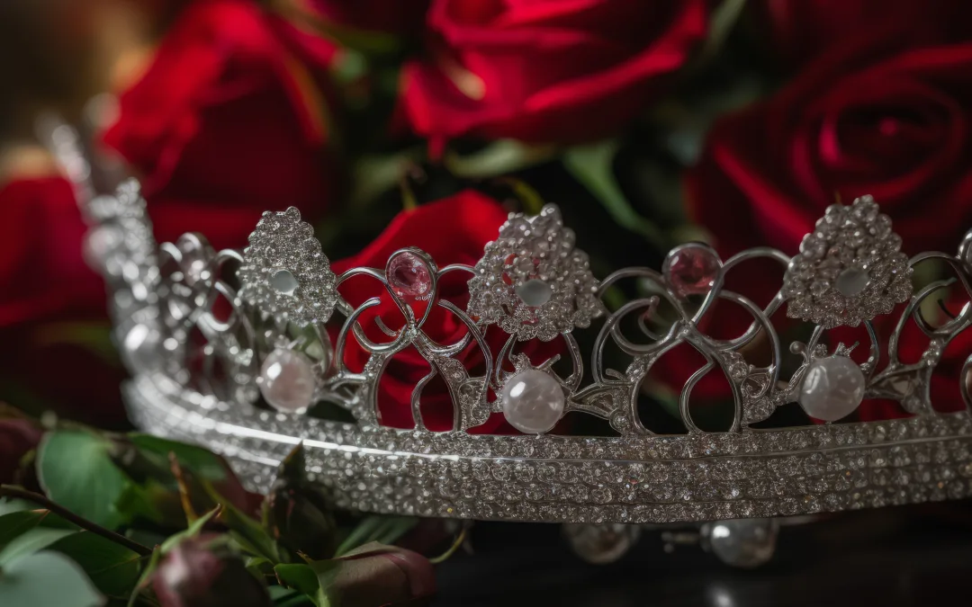 The Timeless Wedding Tiara graces a table alongside red roses, completing the look.