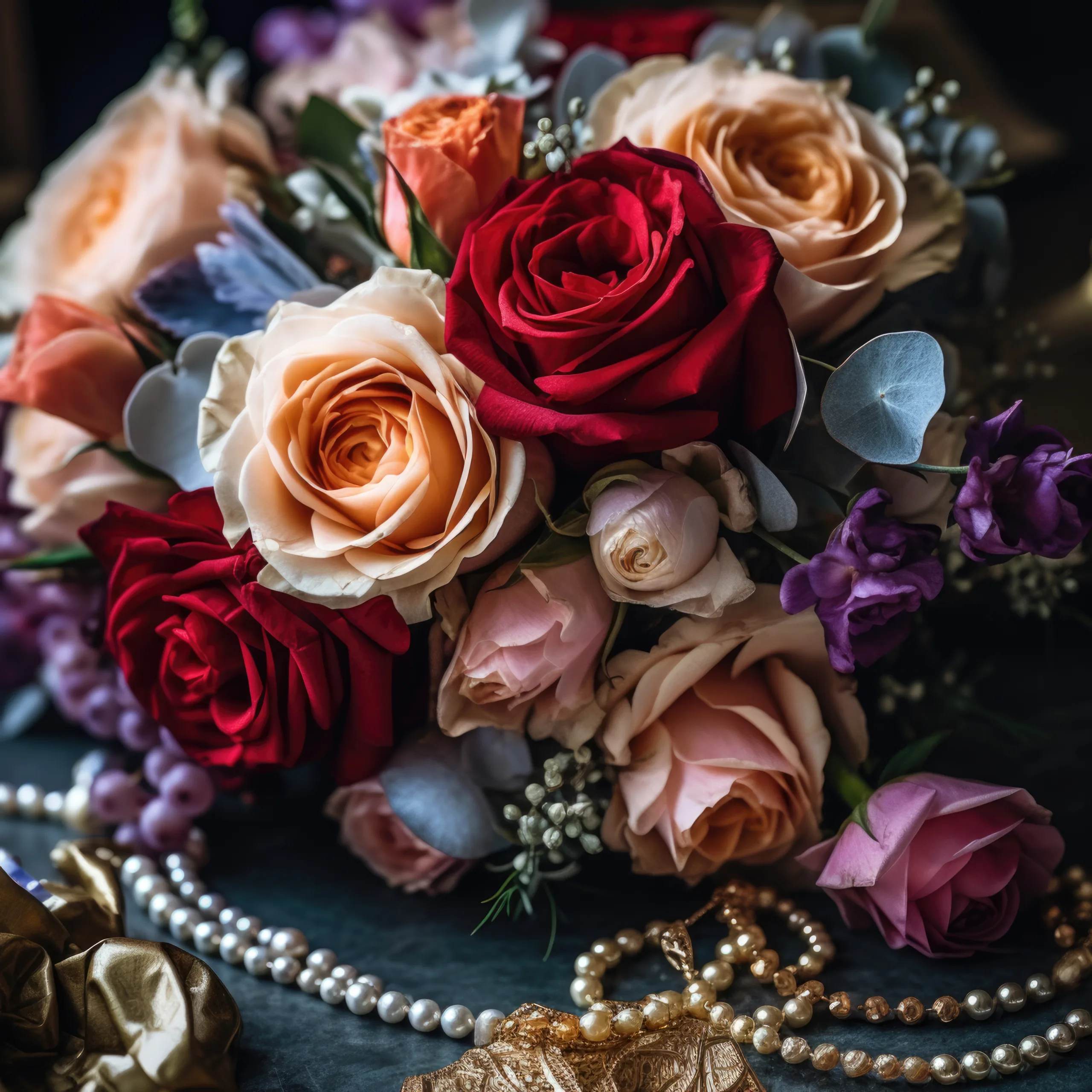 Wedding Photographer Farleigh House:A bouquet of roses and pearls on a table.