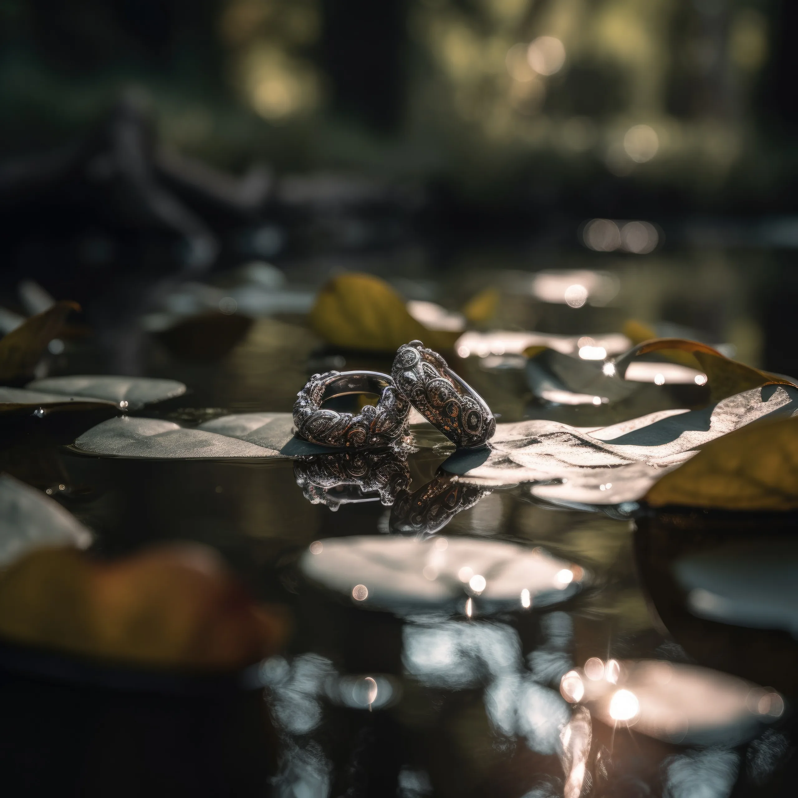 Wedding Photographer Roth Bar: Two wedding rings on top of water lilies in a pond.