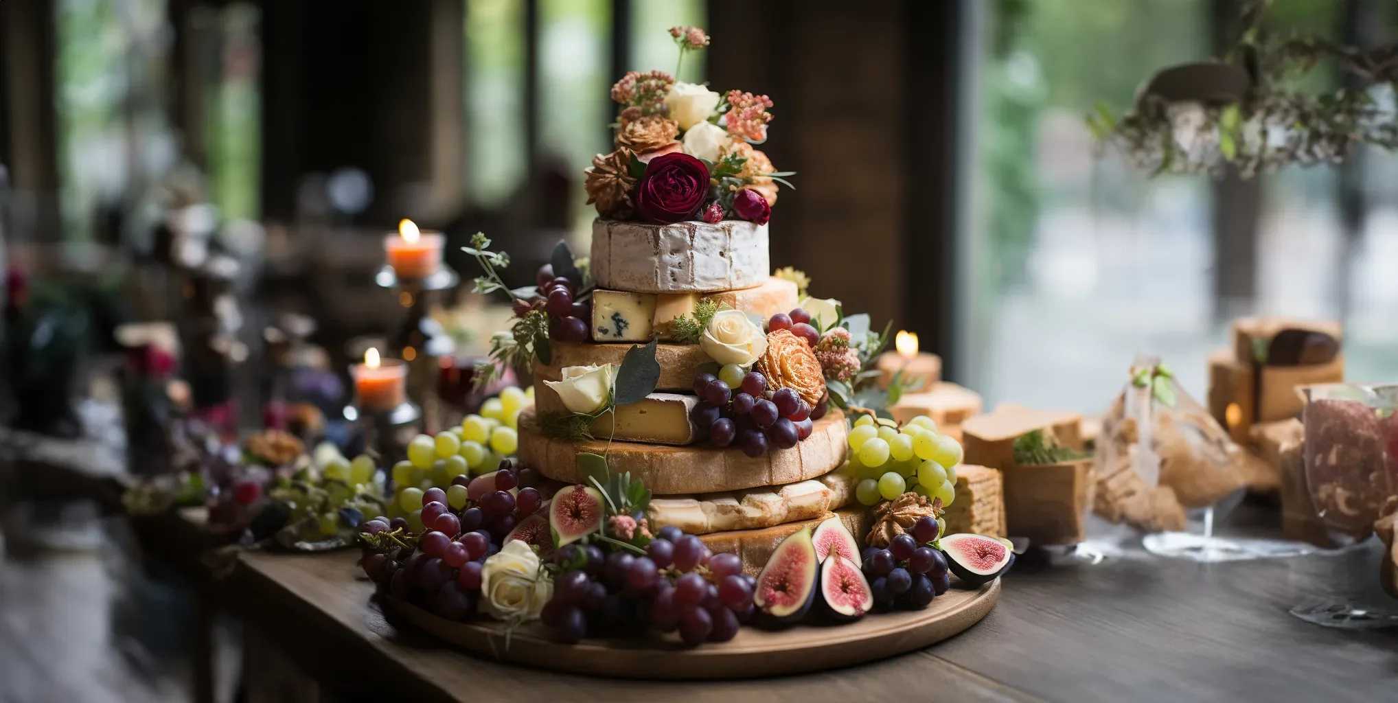 A cheese cake with fruit and grapes on top. CHEESE WEDDING CAKE