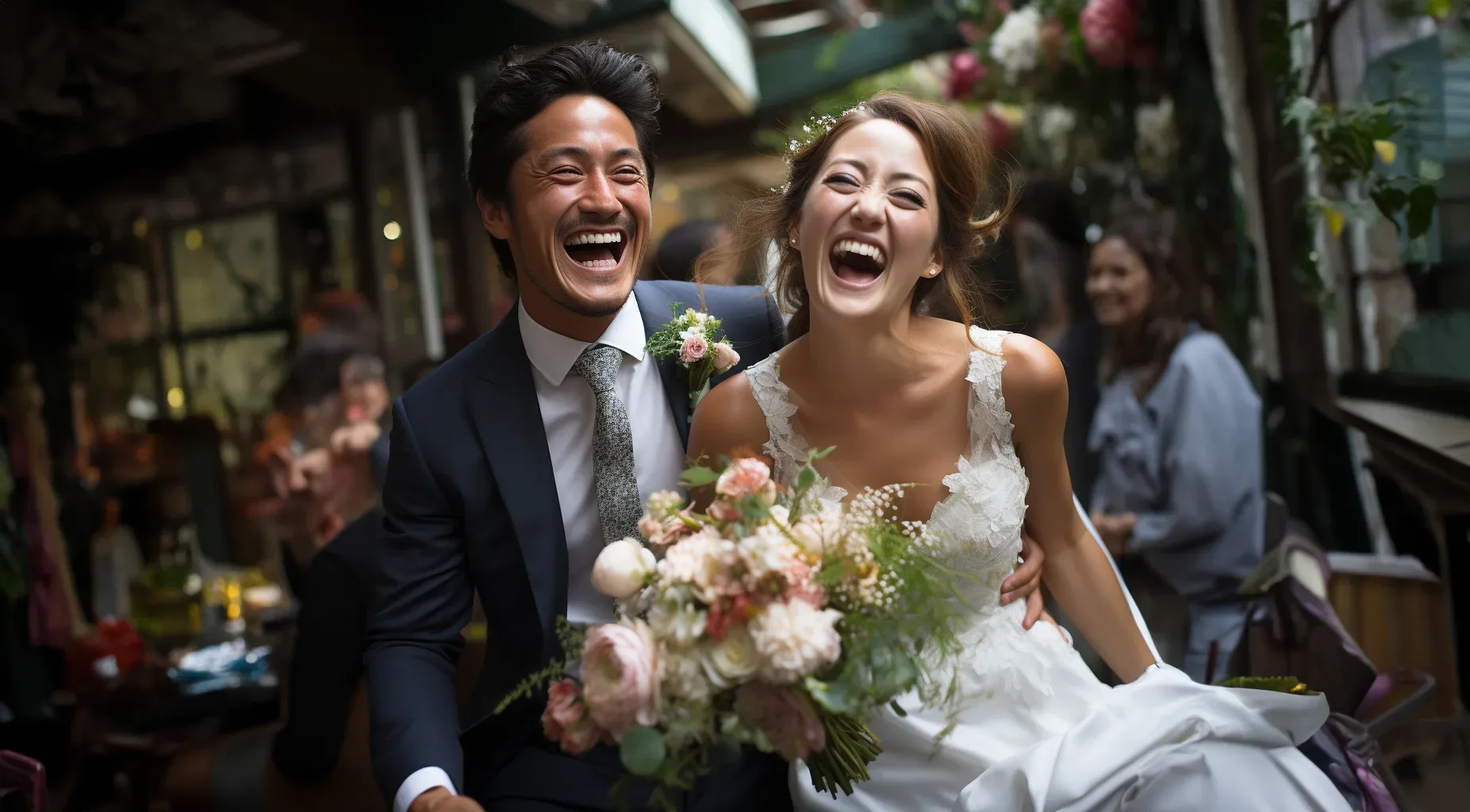 A bride and groom laughing as they walk down the street.