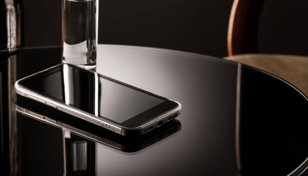 A smartphone, perfect for wedding photos, and a glass of water are placed on a reflective, round, black surface next to a wooden chair.