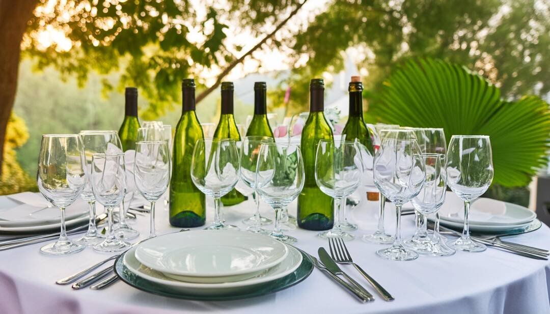 Wedding reception Table after the meal with empty glasses and half filed wine bottles