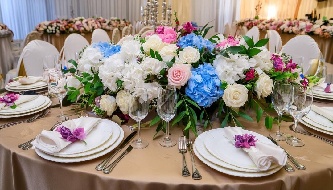 Photo Wedding reception Table with wedding large flower displays left on the table after