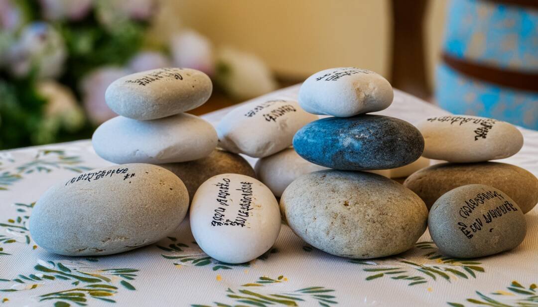 Photo of pebbles on a table with names on