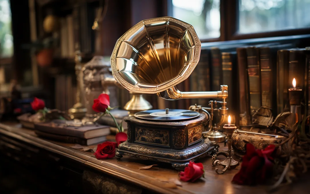 A gramophone sits on a shelf next to books. Songs for your Wedding