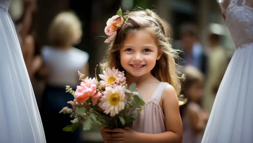 A little girl holding a bouquet of flowers. Longhouse Wedding Photographer
