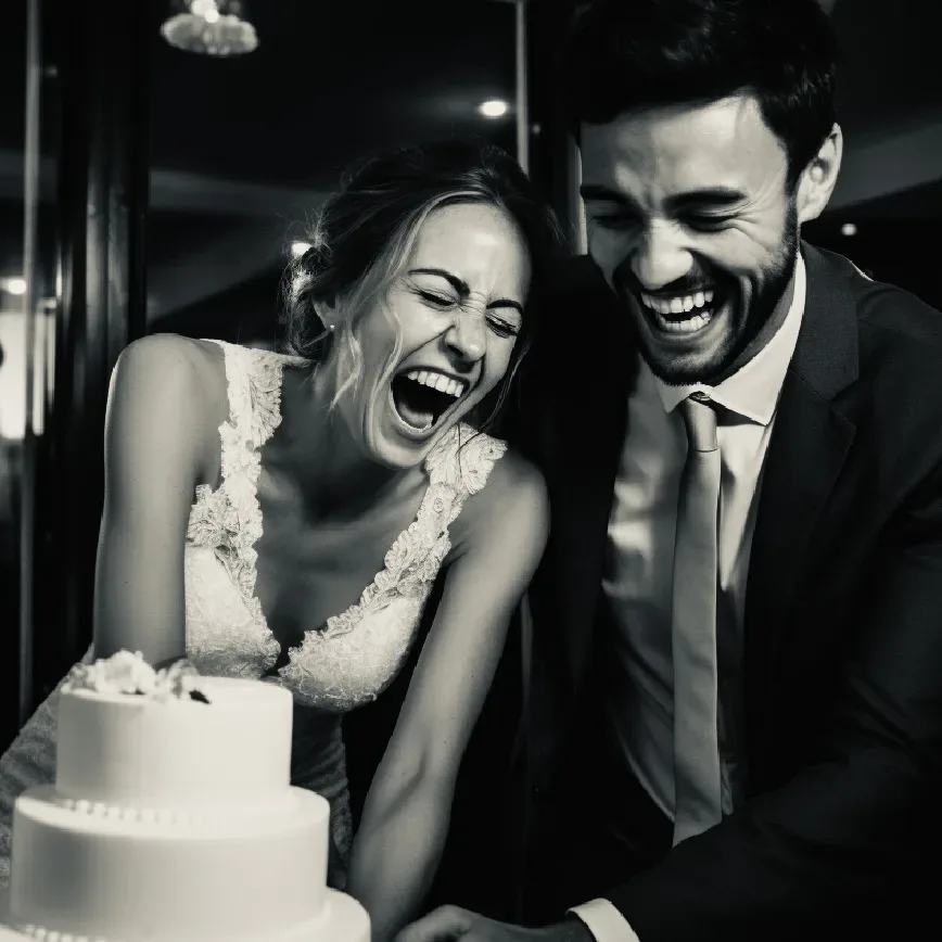 A bride and groom laughing while cutting their wedding cake. Pennard House Wedding Photographers