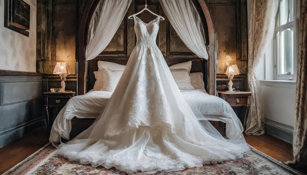 A white wedding dress hangs on a canopy bed in a rustic room, captured with creative photography that highlights the soft lighting and ornate decor, curing any block in artistic inspiration.