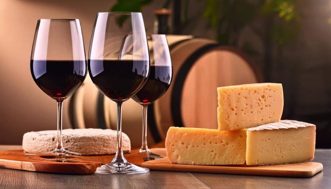 Three glasses of red wine and an assortment of cheeses on a wooden table, with a wine barrel in the background – perfect for selecting wine for your wedding.