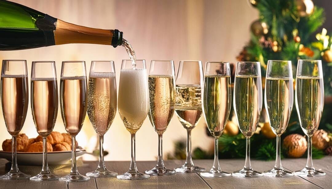 A bottle is pouring champagne for your wedding celebration into a row of filled glasses on a wooden table with festive decorations and a Christmas tree in the background.