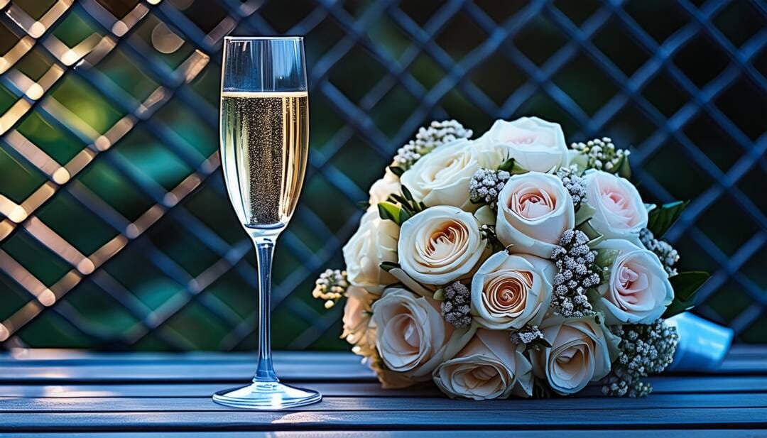 A glass of champagne for your wedding celebration rests on a wooden surface next to a bouquet of pale roses with greenery, set against a lattice backdrop.