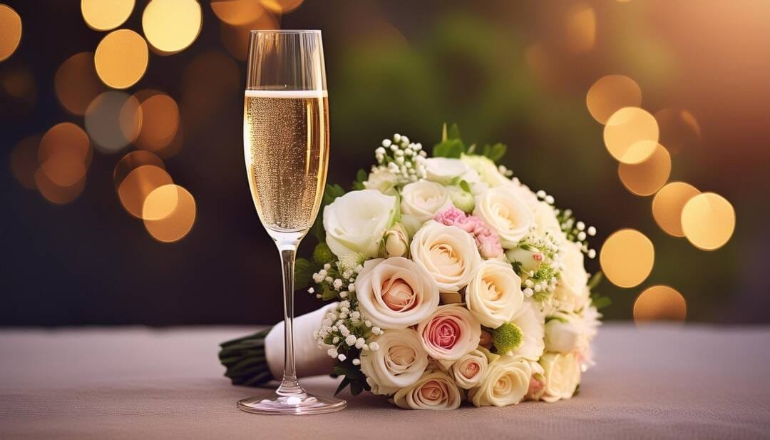A glass of champagne for your wedding celebration sits next to a bouquet of roses with soft, glowing lights in the background.