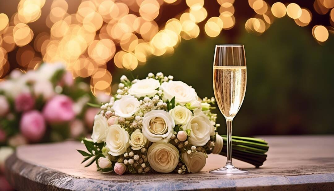 A bouquet of white roses and a glass of champagne for your wedding celebration adorn the table, with blurred golden lights in the background.