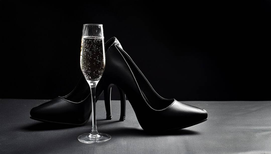 A pair of black high-heeled shoes placed next to a glass of sparkling champagne for your wedding celebration, set against a dark background.