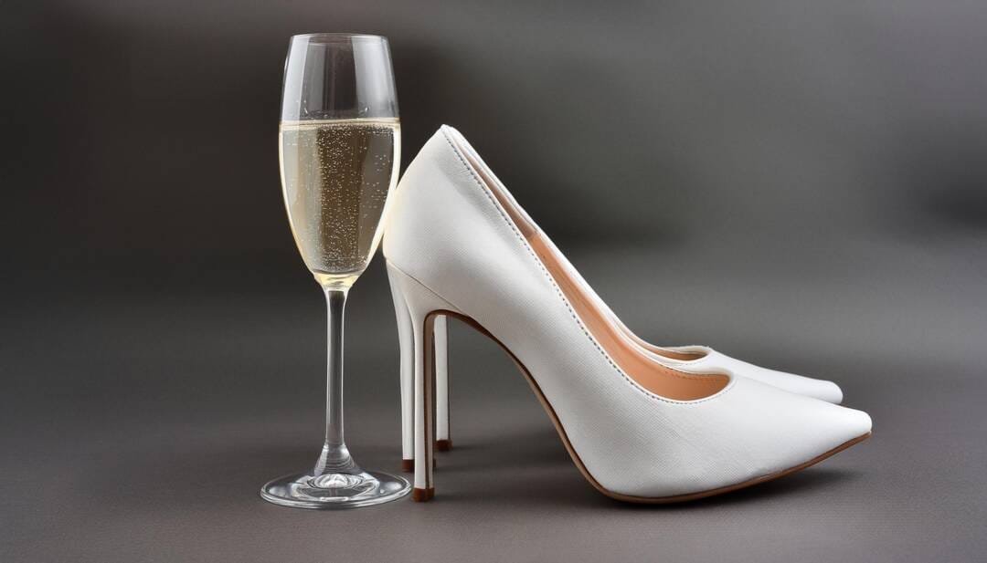 A pair of white high-heeled shoes next to a filled champagne flute on a gray surface, perfect for your wedding celebration.