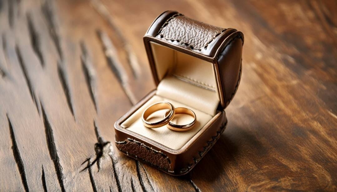 A pair of gold rings, crafted by renowned jewellers in Bath UK, rests elegantly in an open leather ring box on a wooden surface.