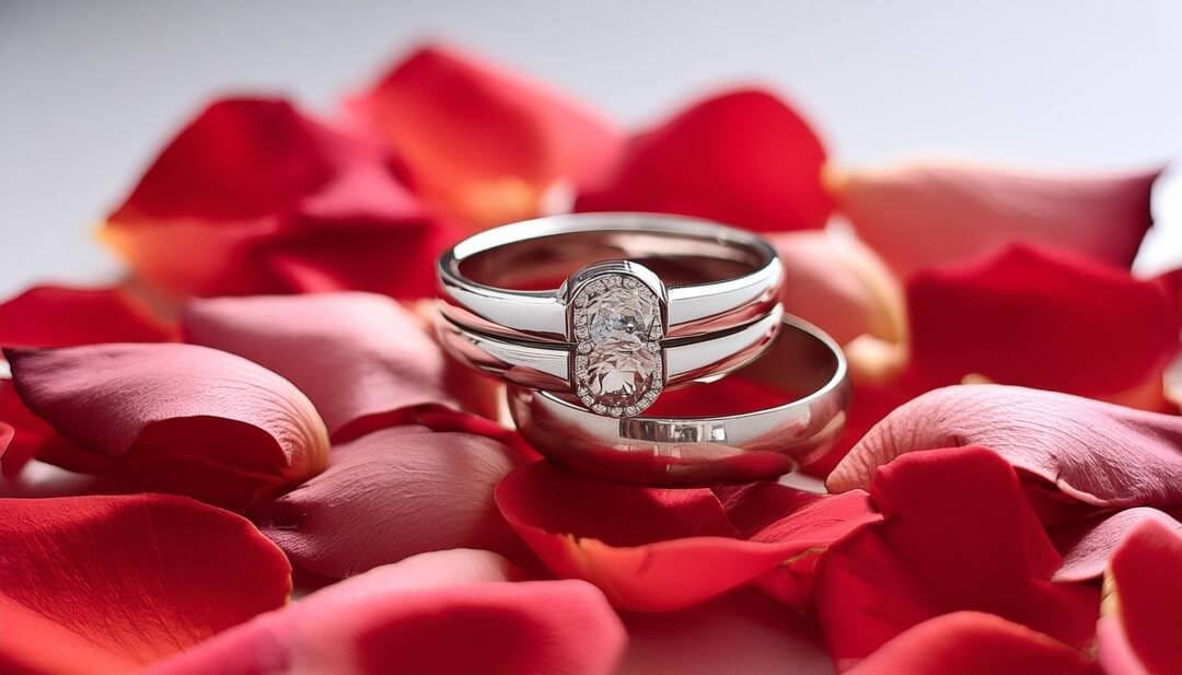 Three silver rings, including one with an oval gemstone, are elegantly displayed on a bed of red rose petals, reflecting the masterful craftsmanship of Jewellers in Bath UK.