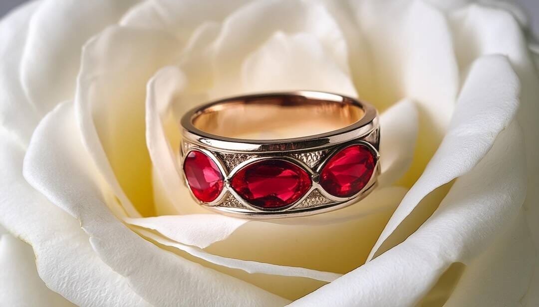 A gold ring with three red oval gemstones, crafted by renowned jewellers in Bath, UK, is nestled in the petals of a white rose.
