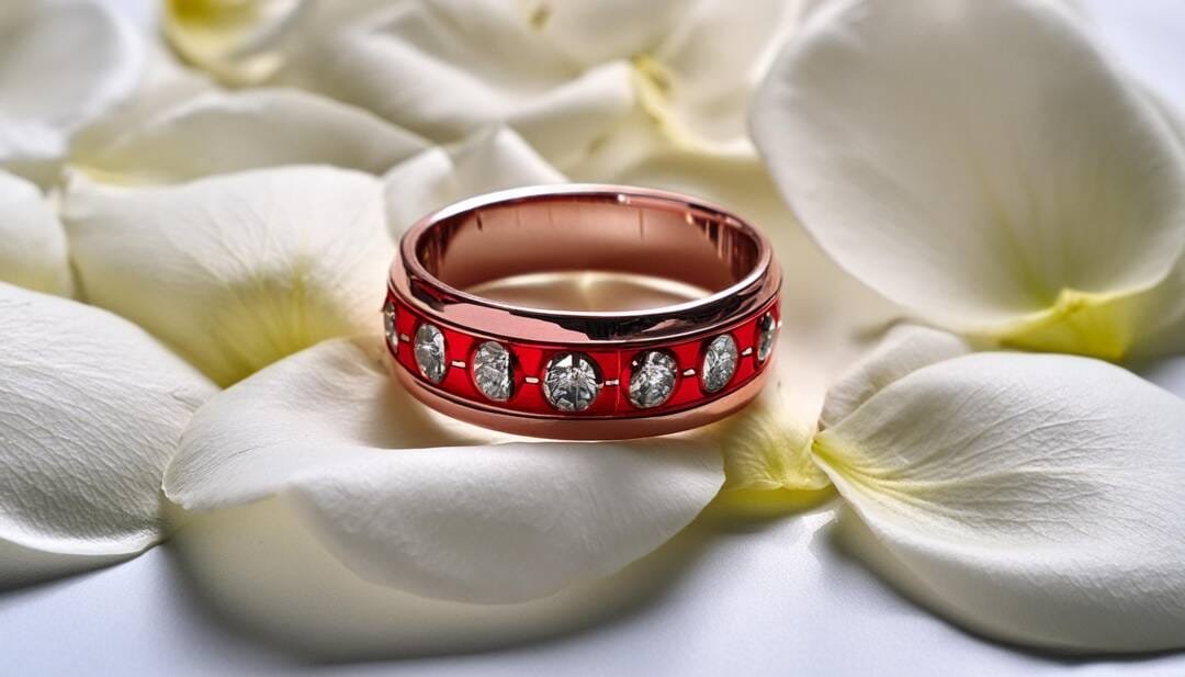 A red ring with embedded diamonds from the renowned Jewellers in Bath UK rests on white flower petals.