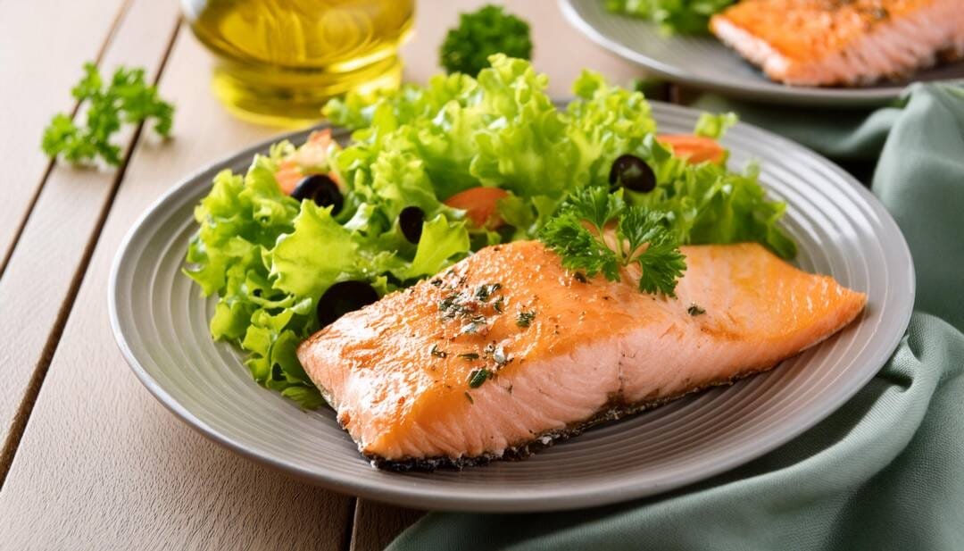 Grilled salmon fillet garnished with parsley, served on a plate with a fresh green salad containing olives and tomatoes, as perfected by Bath restaurants.