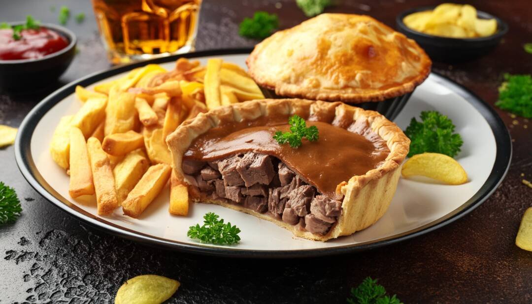 A plate featuring a partly sliced meat pie topped with gravy, accompanied by fries and garnished with parsley, captures the essence of Bath restaurants. Additional dishes and a drink are visible in the background.