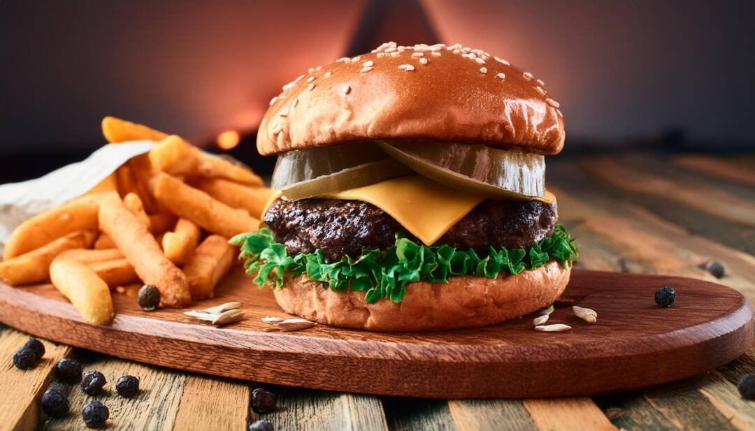 In one of the finest Bath restaurants, a cheeseburger with lettuce, cheese, pickles, and a sesame seed bun sits on a wooden board next to a serving of French fries.