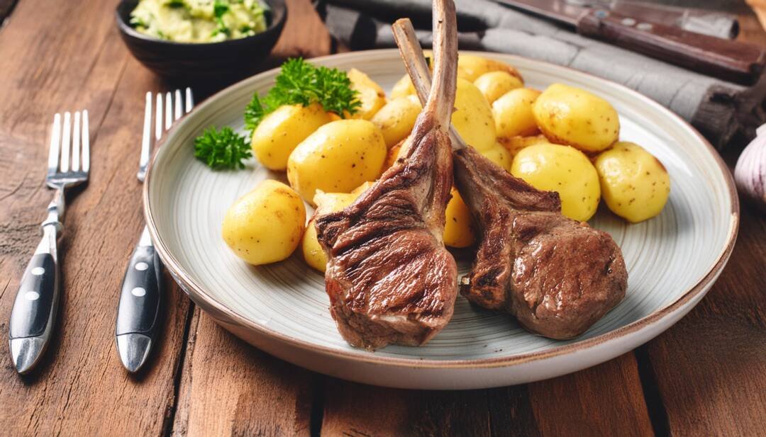 A plate with two lamb chops and several boiled potatoes, garnished with parsley, placed on a wooden table alongside cutlery—reminiscent of a meal you'd find in Bath restaurants.