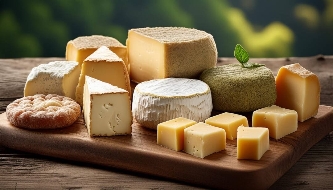 A variety of cheeses and a bread roll are arranged on a wooden board against a blurred outdoor background, reminiscent of the charming presentations found in Bath restaurants. The cheeses vary in shape, size, and texture.