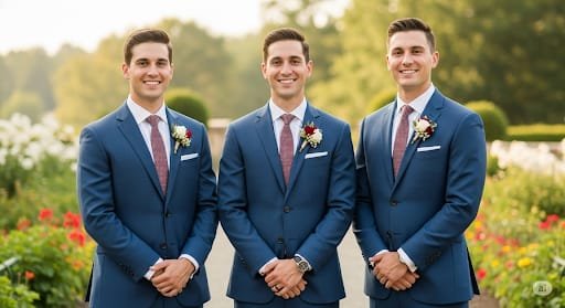 IMG_9207 Three men in matching blue suits and red ties, showcasing elegant men's wedding attire, stand side by side outdoors, each wearing a boutonniere, with lush greenery and flowers in the background.