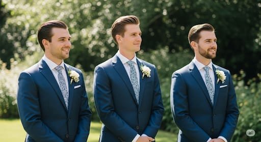 IMG_9208 Three men in matching blue suits with floral boutonnieres showcase stylish men's wedding attire as they stand outdoors, side by side, facing forward in a sunlit setting with lush greenery behind them.