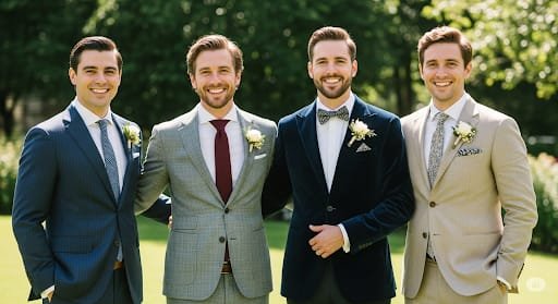 IMG_9210 Four men in suits stand together outdoors, smiling at the camera in stylish men's wedding attire, with greenery and sunlight in the background.