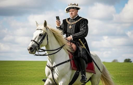 King on horseback using an iphone