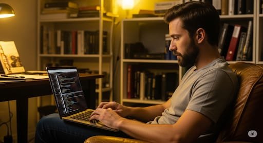 IMG_9337 A man sits in an armchair working on a laptop displaying code, possibly related to editing photos or video platforms and software, in a dimly lit room with bookshelves and a desk in the background.