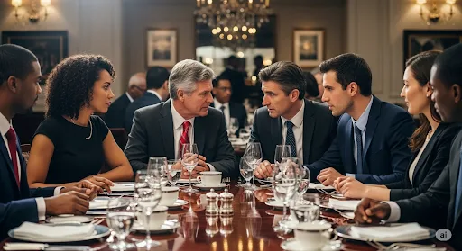 IMG_9406 Seven people in business attire sit around a formal dining table engaged in a serious discussion, as if planning Pre-Wedding Celebrations, with plates, glasses, and cutlery arranged in front of them.