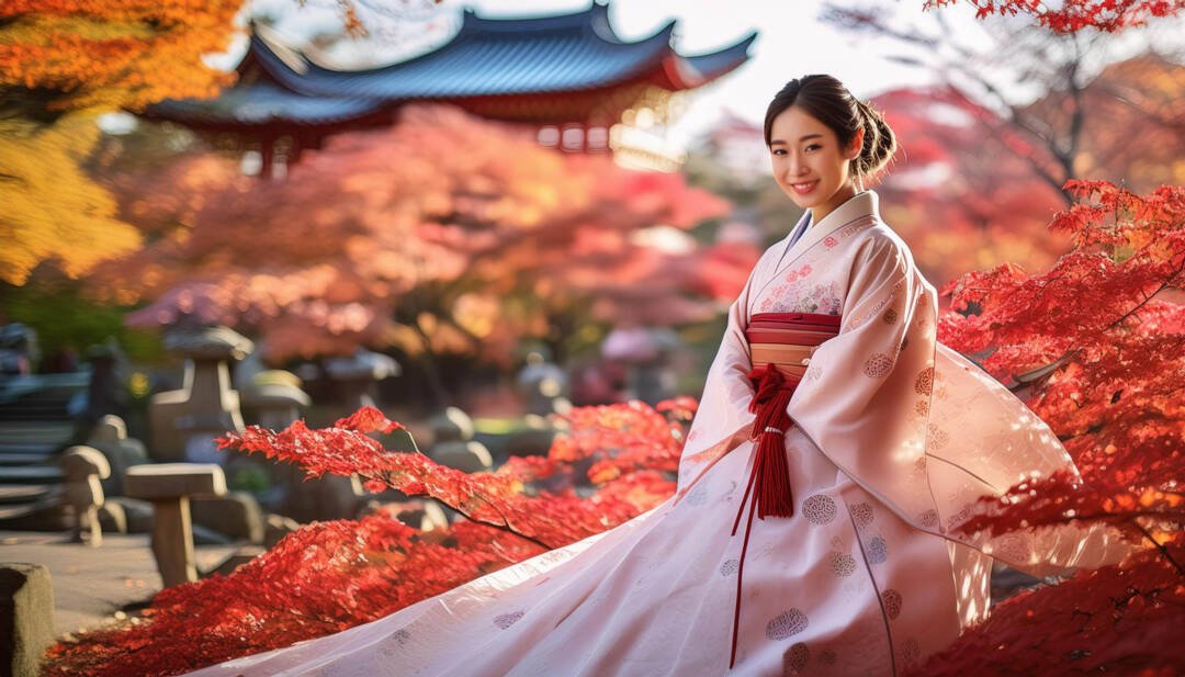 A woman in a traditional Japanese kimono stands among vibrant red autumn leaves with an ornate pagoda in the background, capturing the essence of Japanese weddings with a touch of wedding photography magic.