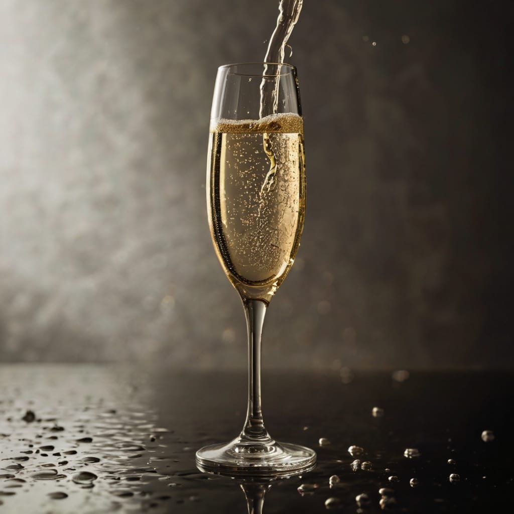 Champagne being poured into a tall glass, with bubbles rising and droplets scattered on a dark reflective surface—a creative photography block captures this sparkling moment in exquisite detail.