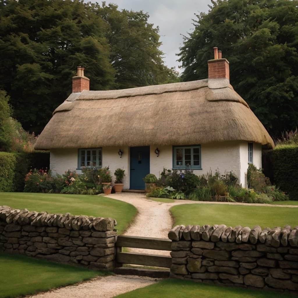 A quaint cottage with a thatched roof sits amidst a lush garden and stone fence, captured beautifully through creative photography, under a moody, cloudy sky.