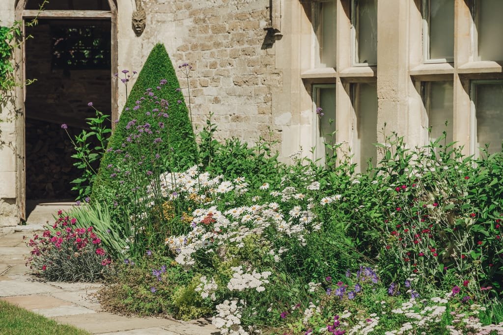 A garden with various blooming flowers and a conical shrub next to a stone building, showcasing a large window and an open archway in the background—the perfect scene for a Farleigh House Wedding Photographer.